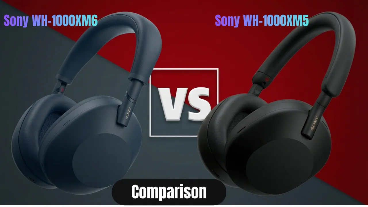 Side-by-side comparison of Sony WH-1000XM6 blue and WH-1000XM5 black headphones.