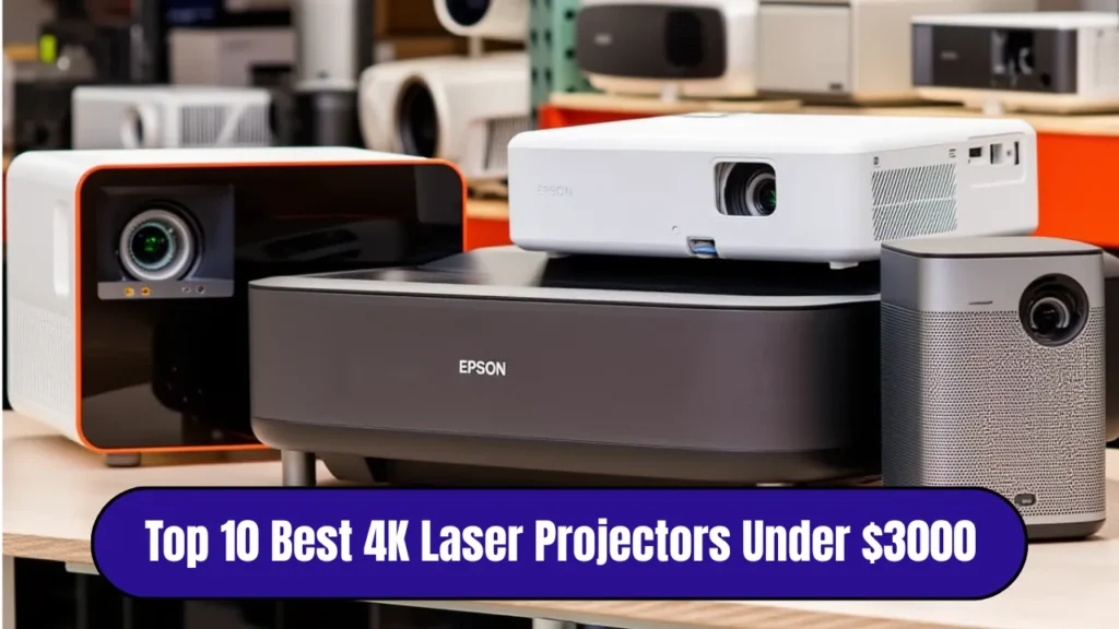 A group of different 4K laser projectors from Epson and XGIMI on a wooden table.