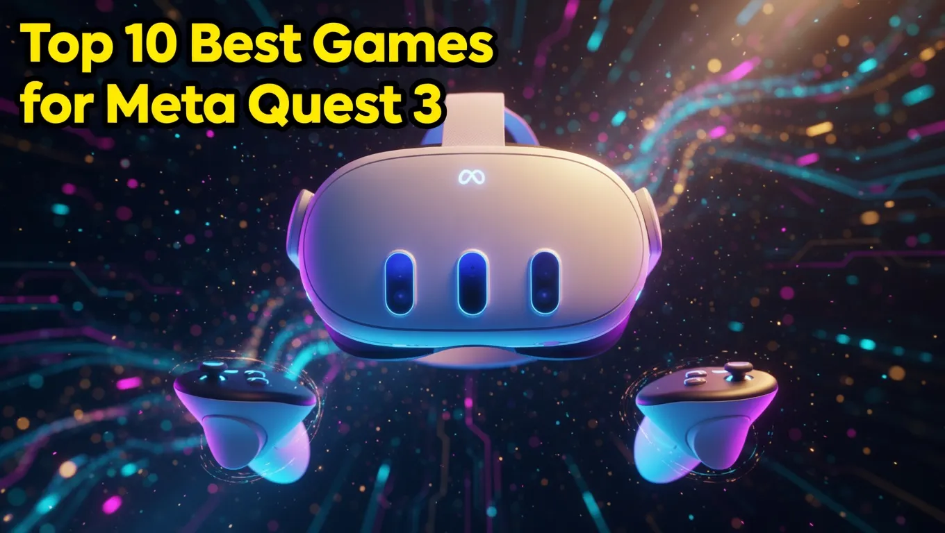 Graphic showing the top 10 best games for Meta Quest 3 VR.