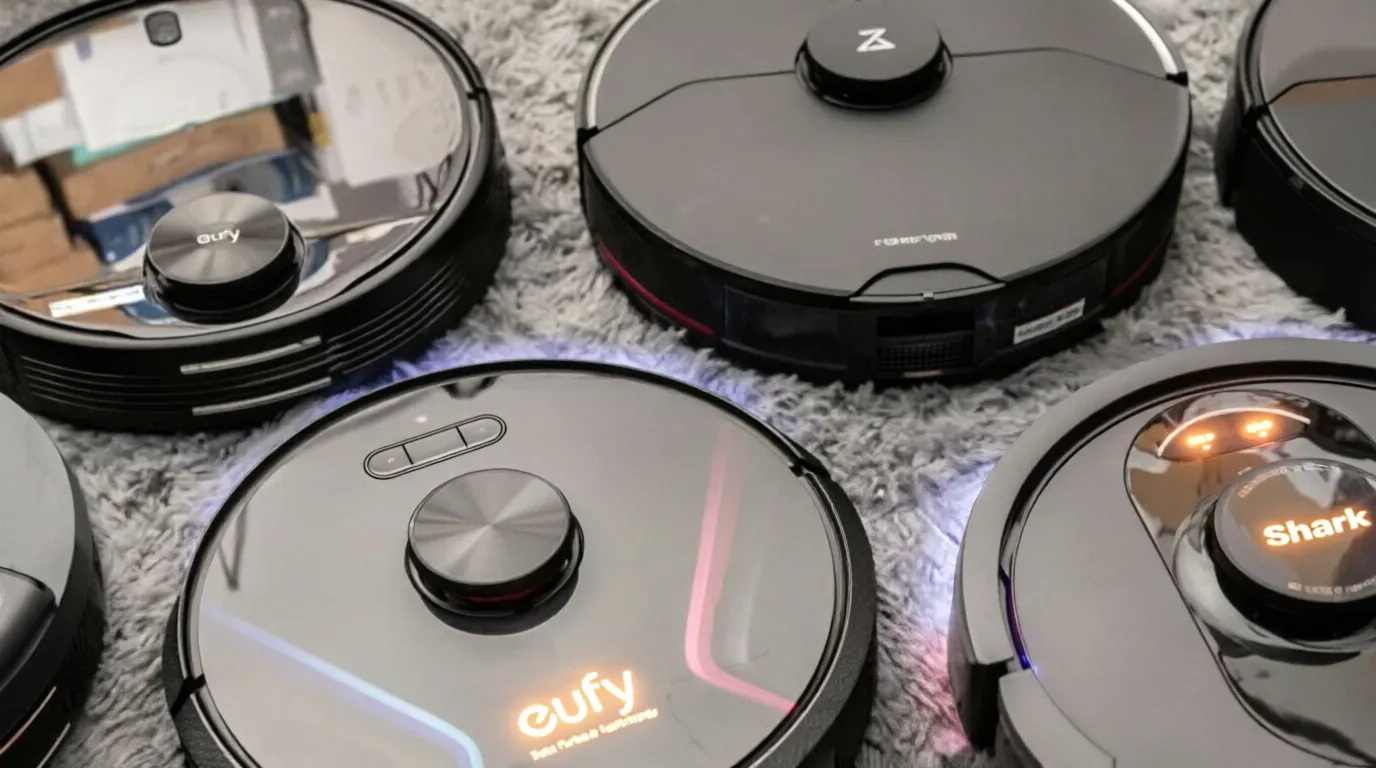 Studio shot for a "Top 10 Robot Vacuums" buyer's guide comparing leading brands.