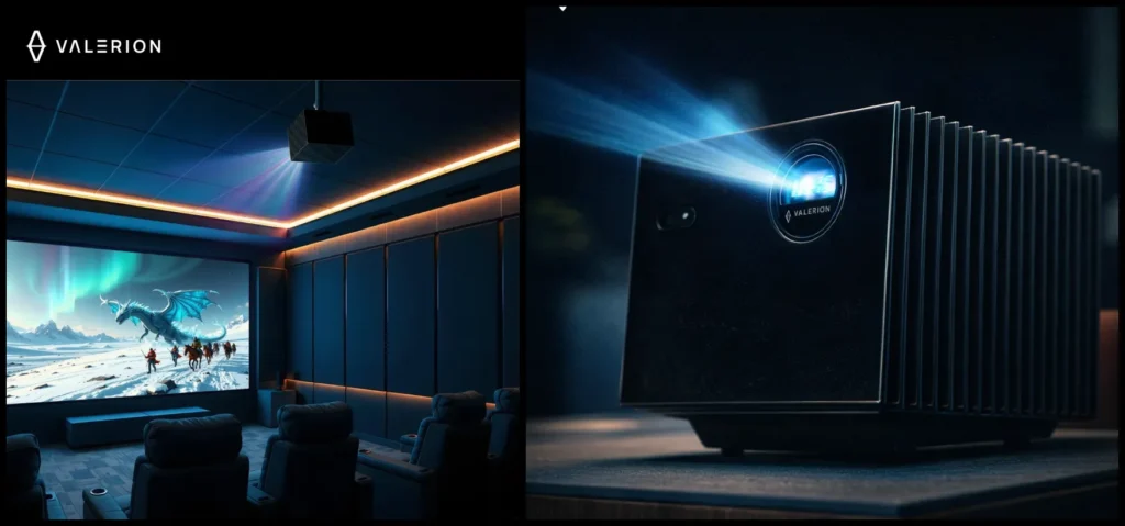 Valerion ceiling-mounted projector in a luxury home cinema with a dragon movie on screen.