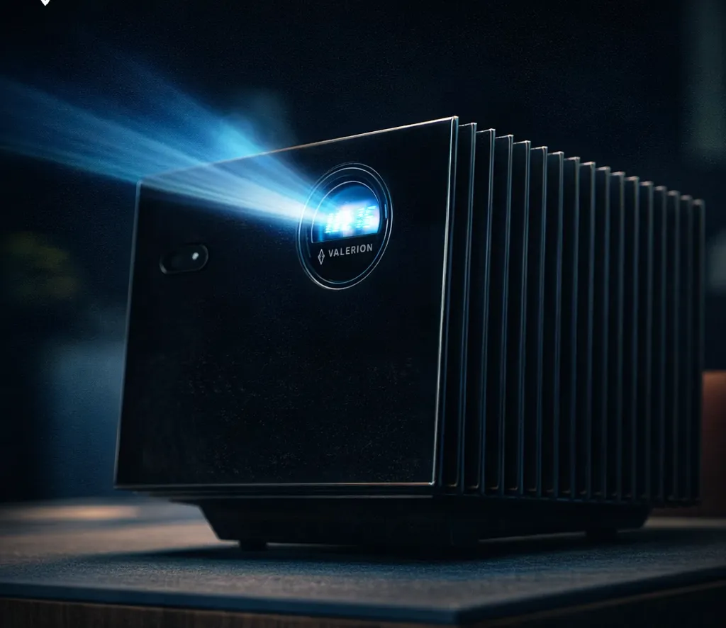 Black cubic Valerion projector with vertical cooling fins emitting a blue light beam.