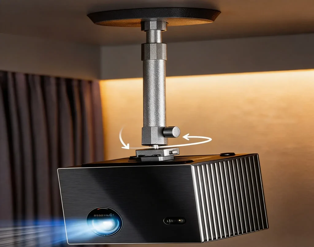 Black premium home theater projector attached to a silver adjustable ceiling mount.