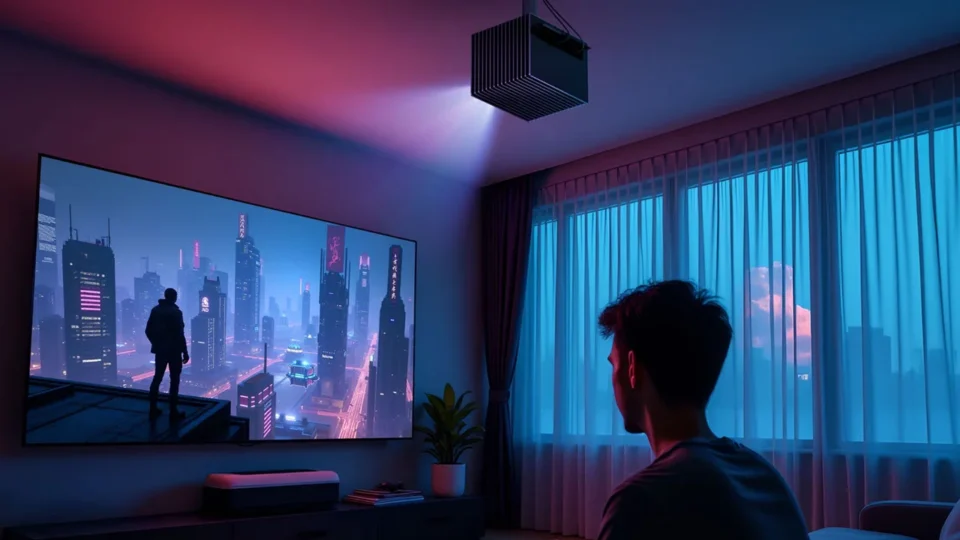 Home cinema setup featuring the Valerion VisionMaster Max for an immersive gaming experience.
