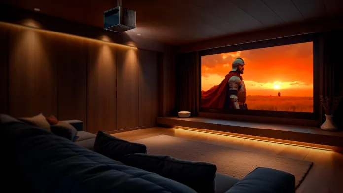 Professional home cinema installation with warm LED accent lighting and a Valerion projector.