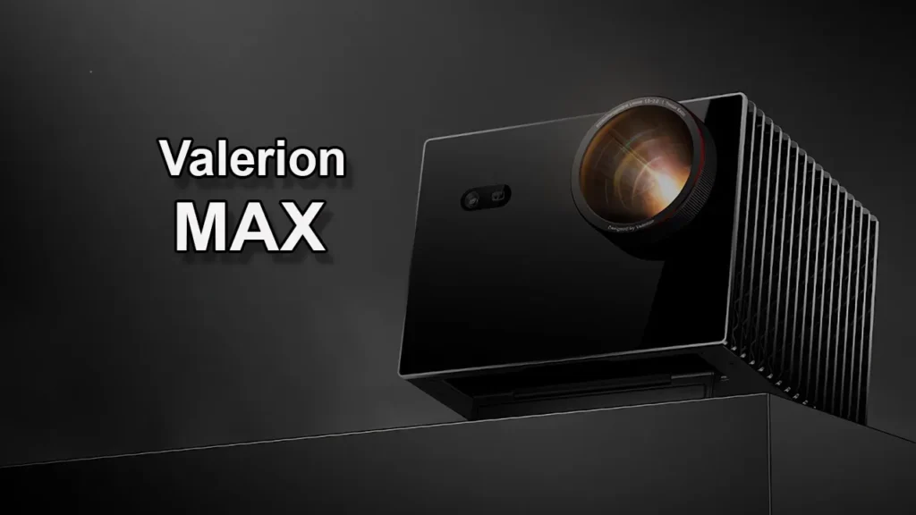 Black Valerion VisionMaster Max smart projector with a large glass lens and cooling fins. Valerion VisionMaster Max Price Guide