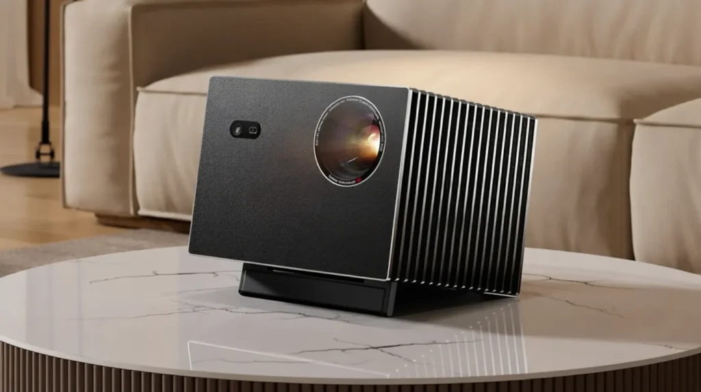 Black Valerion VisionMaster Max projector with vertical cooling fins on a marble table.