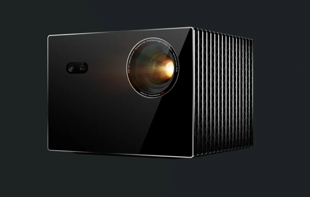 Black Valerion VisionMaster Max smart projector with a mirrored faceplate and glass lens.