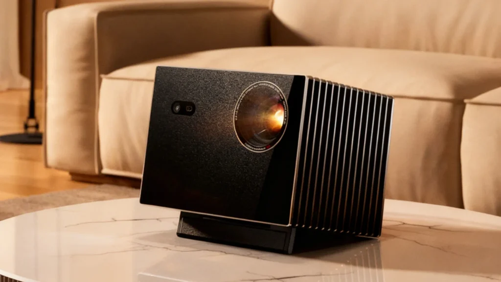 Black Valerion VisionMaster Max projector sitting on a white marble table in a living room.