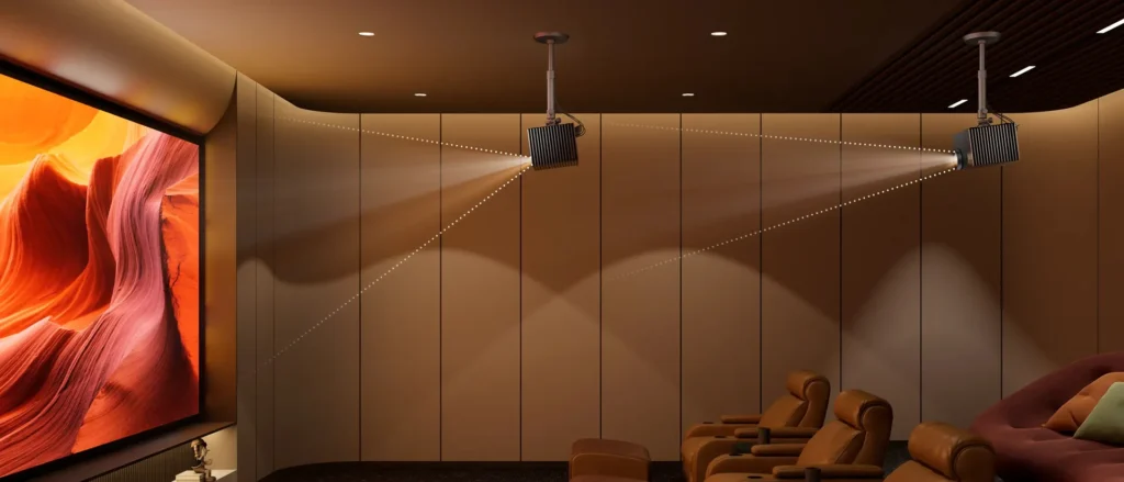 Two Valerion VisionMaster Max projectors ceiling-mounted in a luxury home cinema. Valerion VisionMaster Max Ceiling Mount Guide