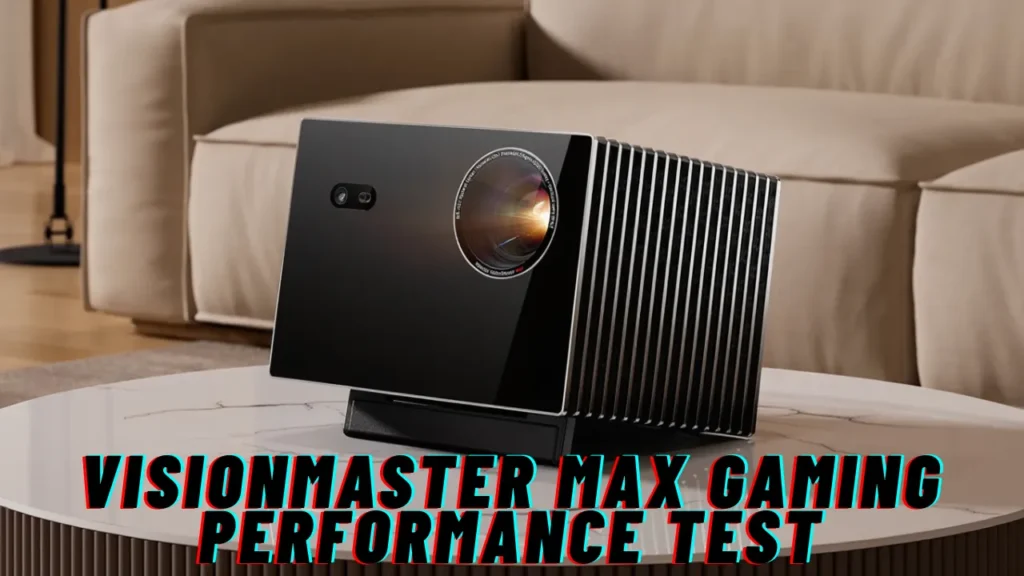 alerion VisionMaster Max projector with gaming performance test text in a living room.