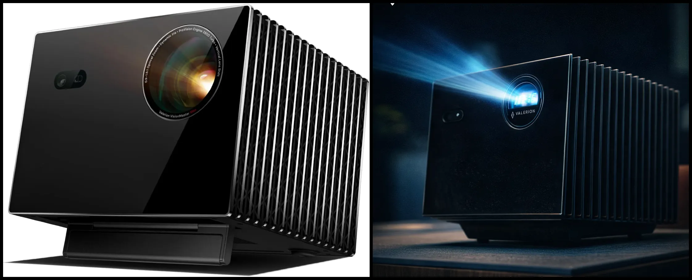 Side-by-side product shot of Valerion VisionMaster Max and Pro smart projectors.