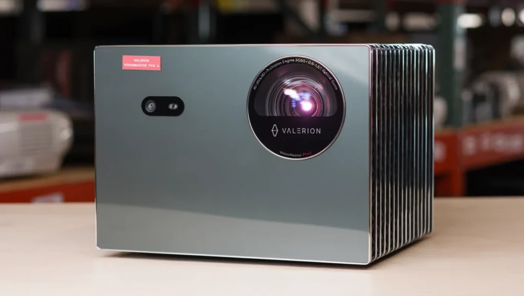 Valerion VisionMaster Pro 2 projector with reflective front and optical lens. Valerion VisionMaster Pro 2 Review