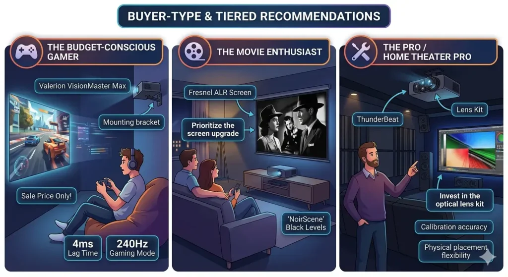 Comparison chart of Valerion VisionMaster projector setups for gamers and movie enthusiasts.