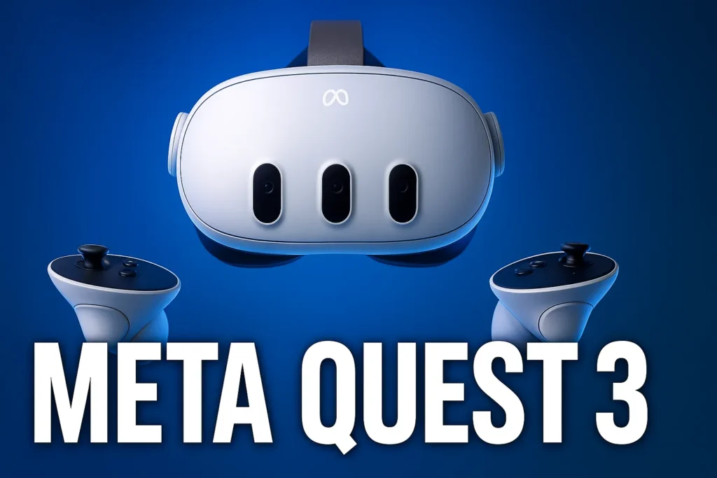 Meta Quest 3 virtual reality headset showing three front-facing camera sensors.