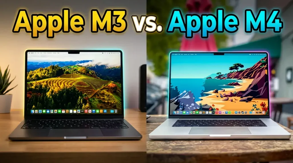 Side-by-side comparison of Apple M3 and M4 MacBook Pro laptops on wooden desks.