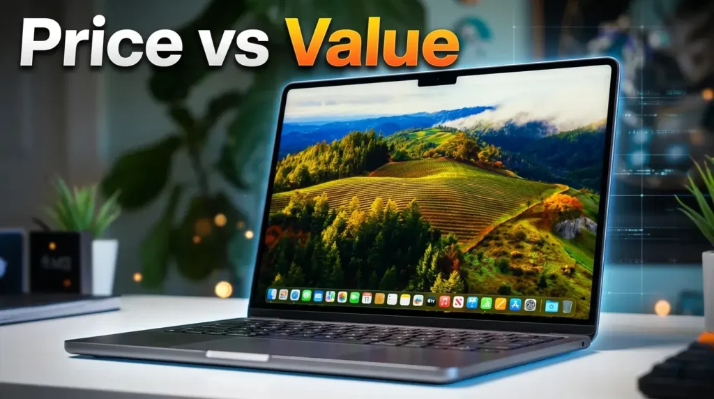 Space Gray MacBook Air laptop on a white desk showing Price vs Value text.