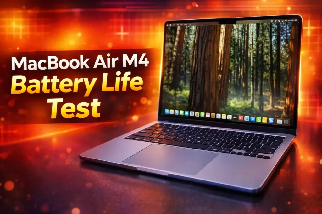 MacBook Air M4 laptop open on a desk showing battery test results.