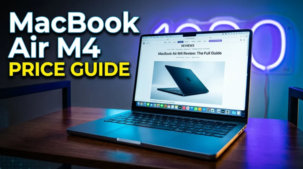 MacBook Air M4 laptop on a desk showing a full review guide.