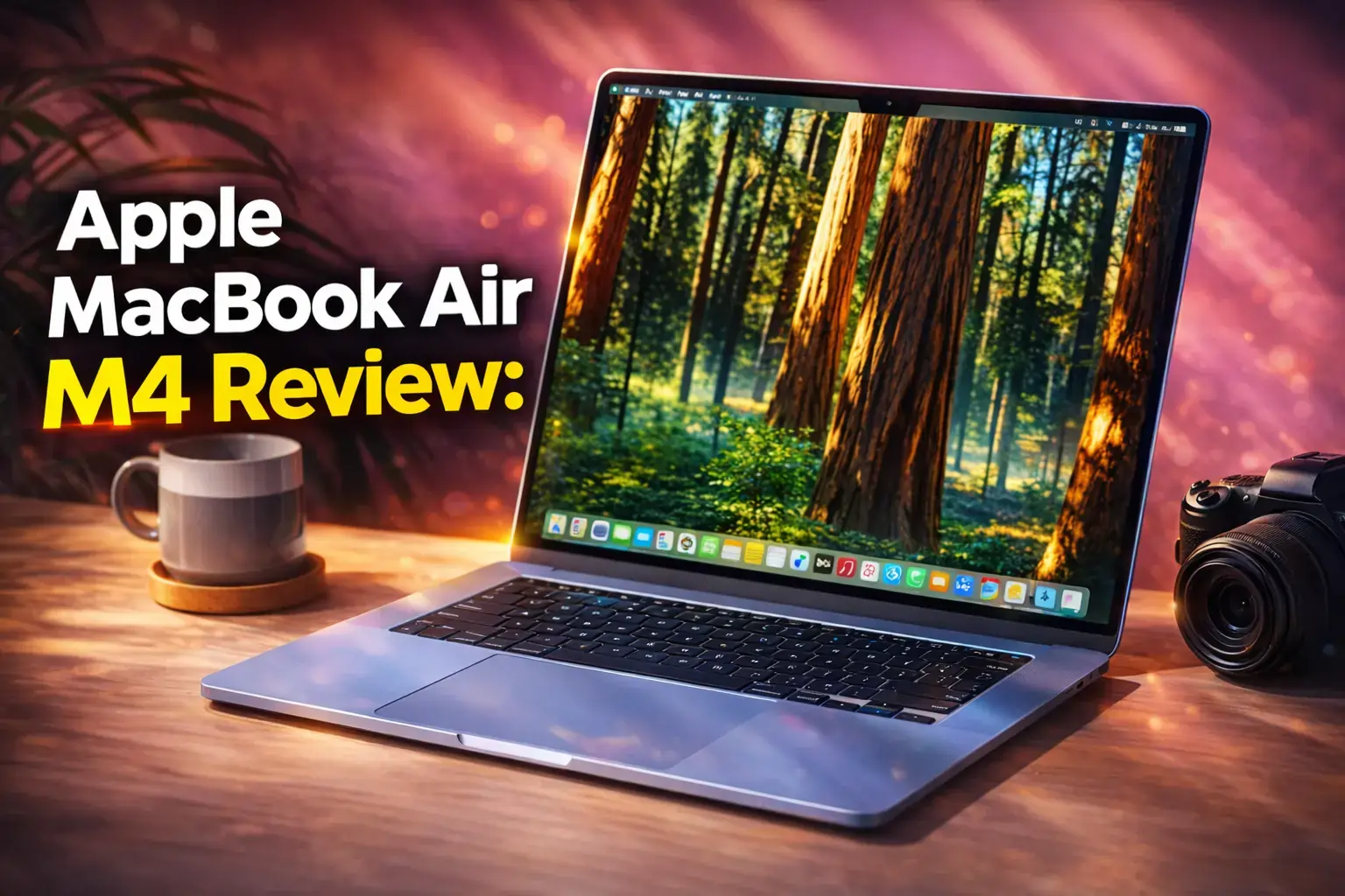 MacBook Air M4 laptop on a wooden desk with a camera and coffee.