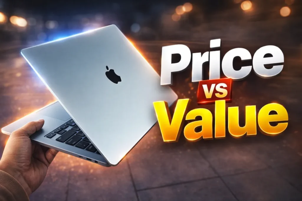 Person holding a silver Apple MacBook laptop with Price vs Value text overlay.