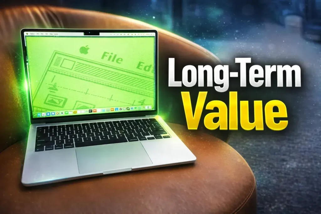Silver MacBook laptop on a leather chair with "Long-Term Value" text.