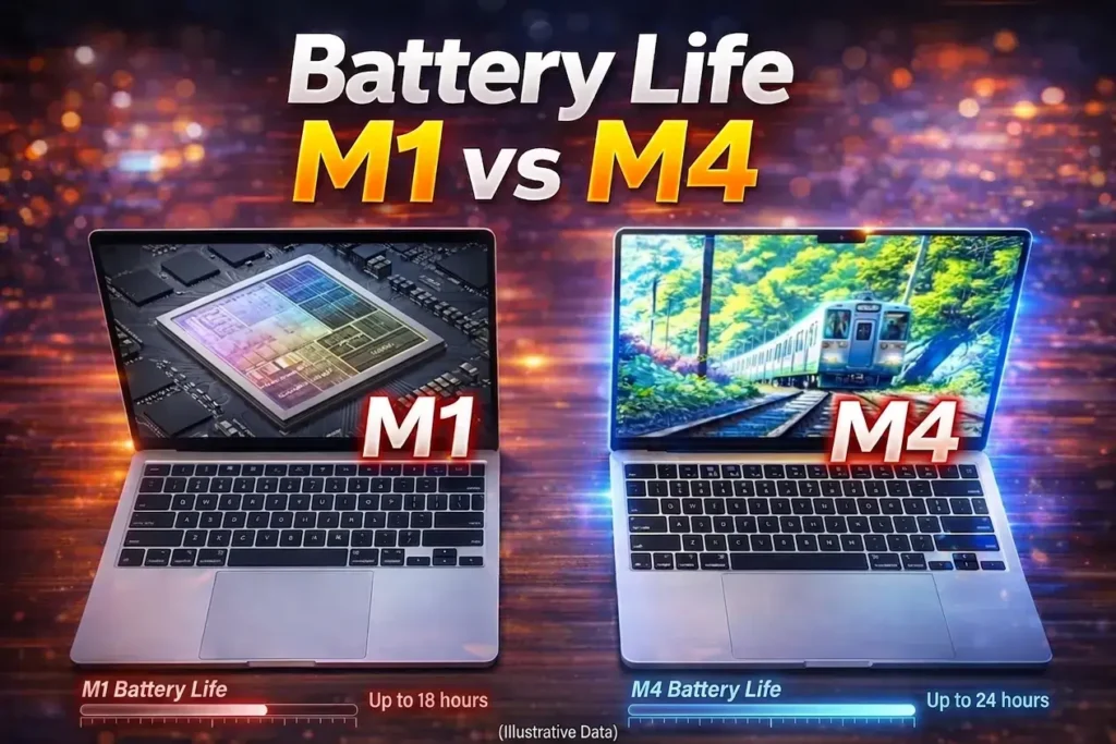 Side-by-side comparison of M1 and M4 MacBook battery life graphics.