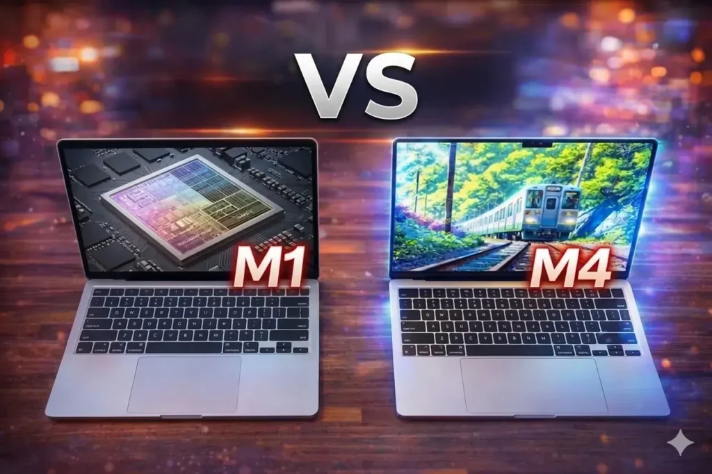 Side-by-side comparison of Apple MacBook Air M1 and MacBook Pro M4 laptops.