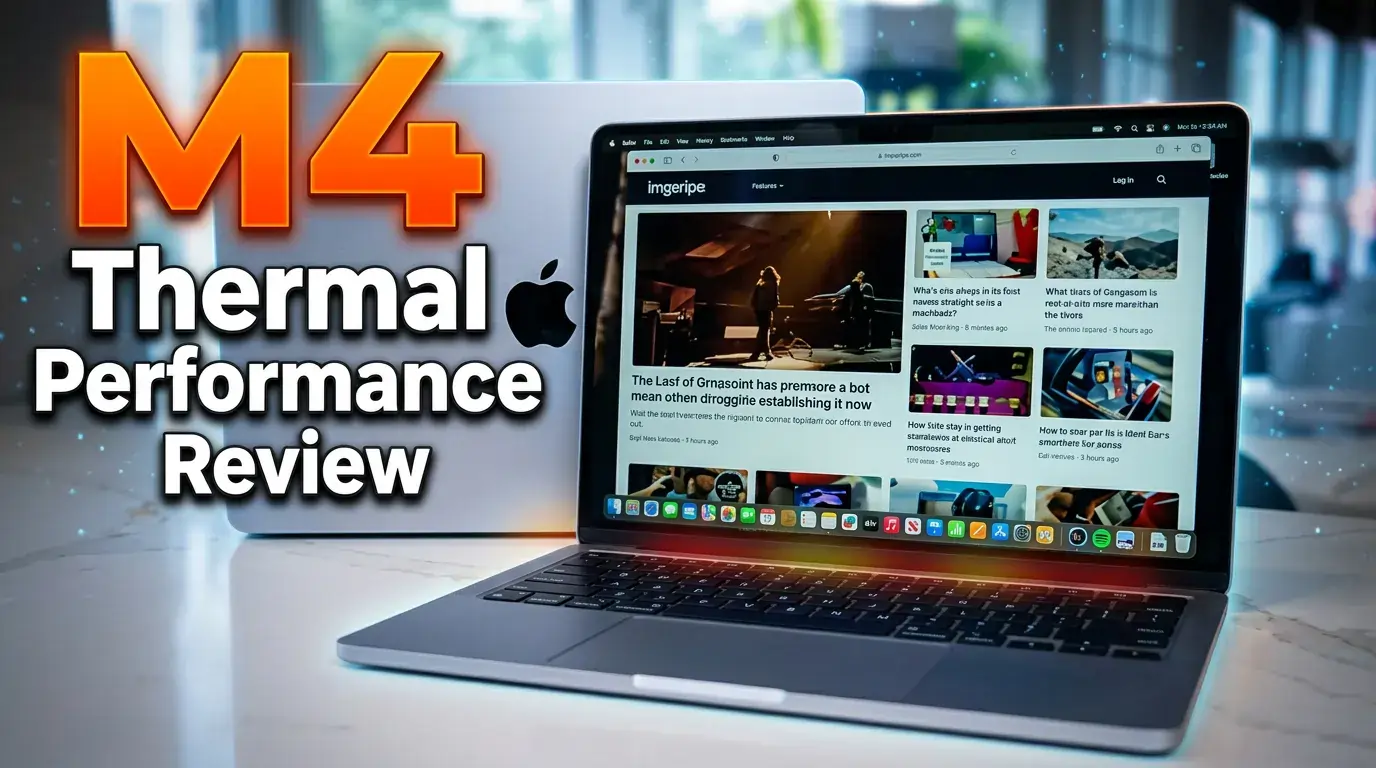 MacBook M4 laptop showing thermal performance review on a desk.