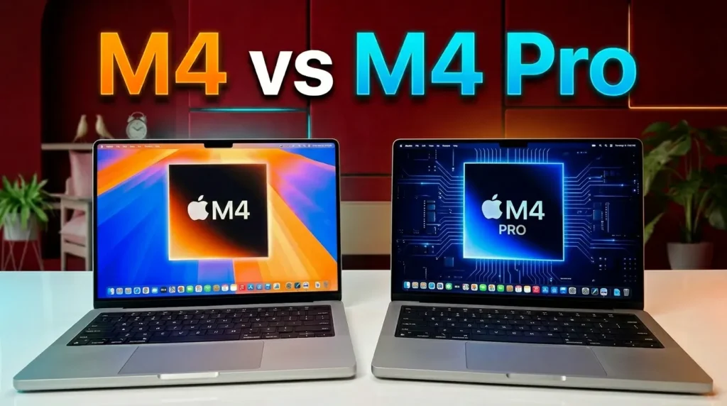Side-by-side comparison of Apple MacBook Pro with M4 and M4 Pro chips.