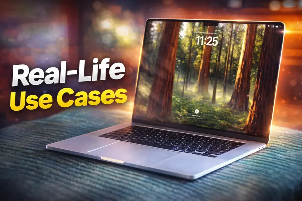 Silver Apple MacBook Pro showing forest wallpaper on a high-resolution display.