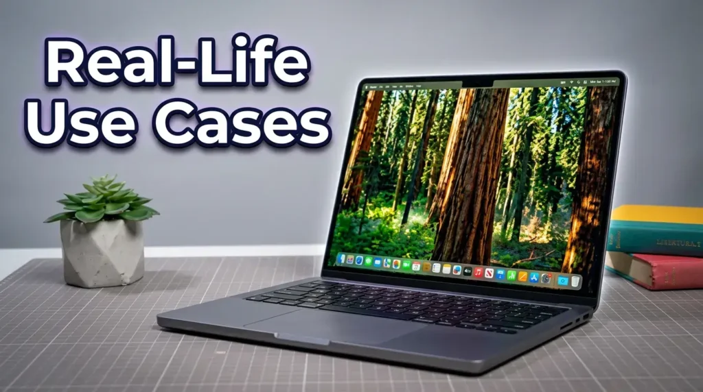 Space Gray MacBook Pro displaying a forest wallpaper on a desk.