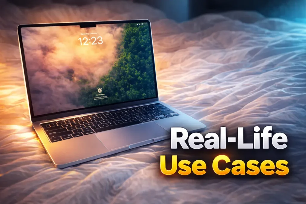 Silver MacBook Pro laptop on a white bed showing real-life usage.