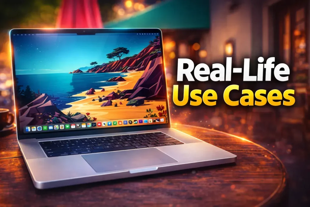 Silver MacBook Pro on a wooden table showing real-life use cases.