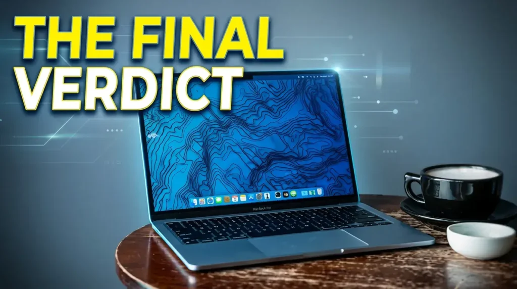 Silver MacBook Pro laptop on a wooden table with coffee.