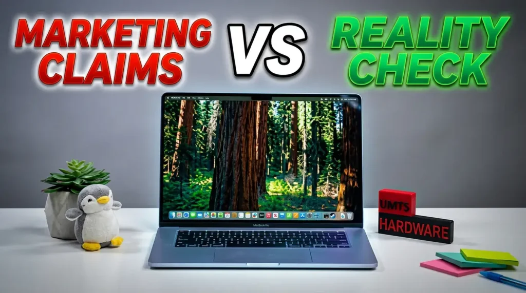 MacBook Pro on a white desk with a penguin plushie and "Reality Check" text.