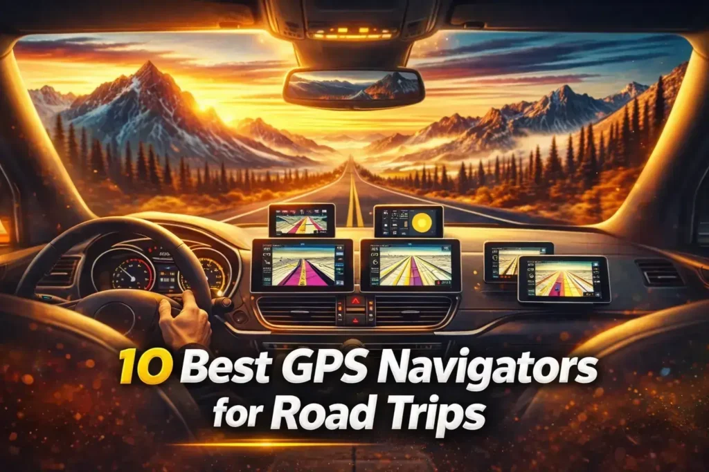 Several portable GPS navigation screens displaying maps on a car dashboard at sunrise.