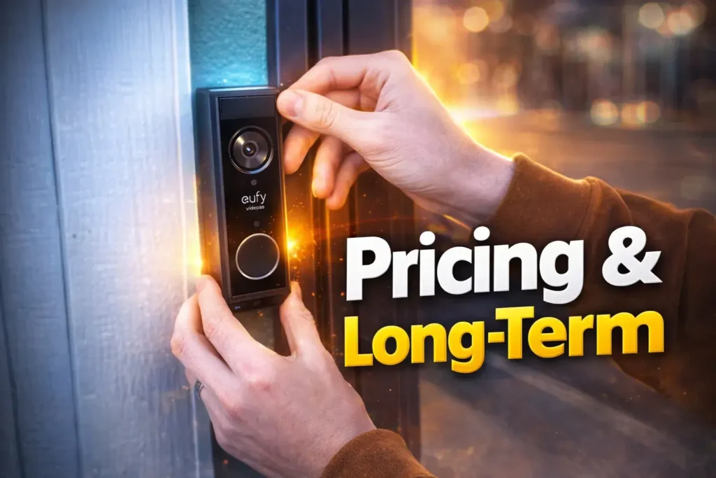  Person installing a black Eufy E340 dual-camera video doorbell on a house exterior.