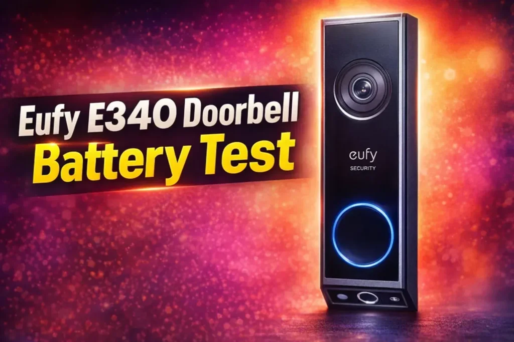 eufy E340 dual-camera video doorbell showing battery test results graphic.