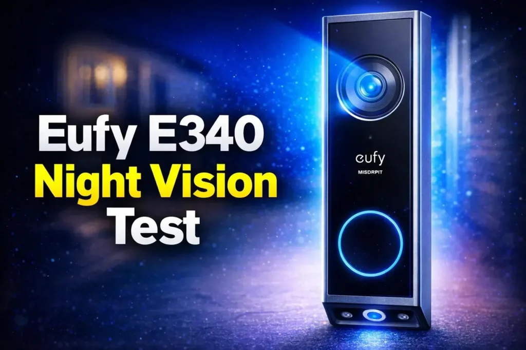 Eufy Video Doorbell E340 with dual cameras and night vision test text.