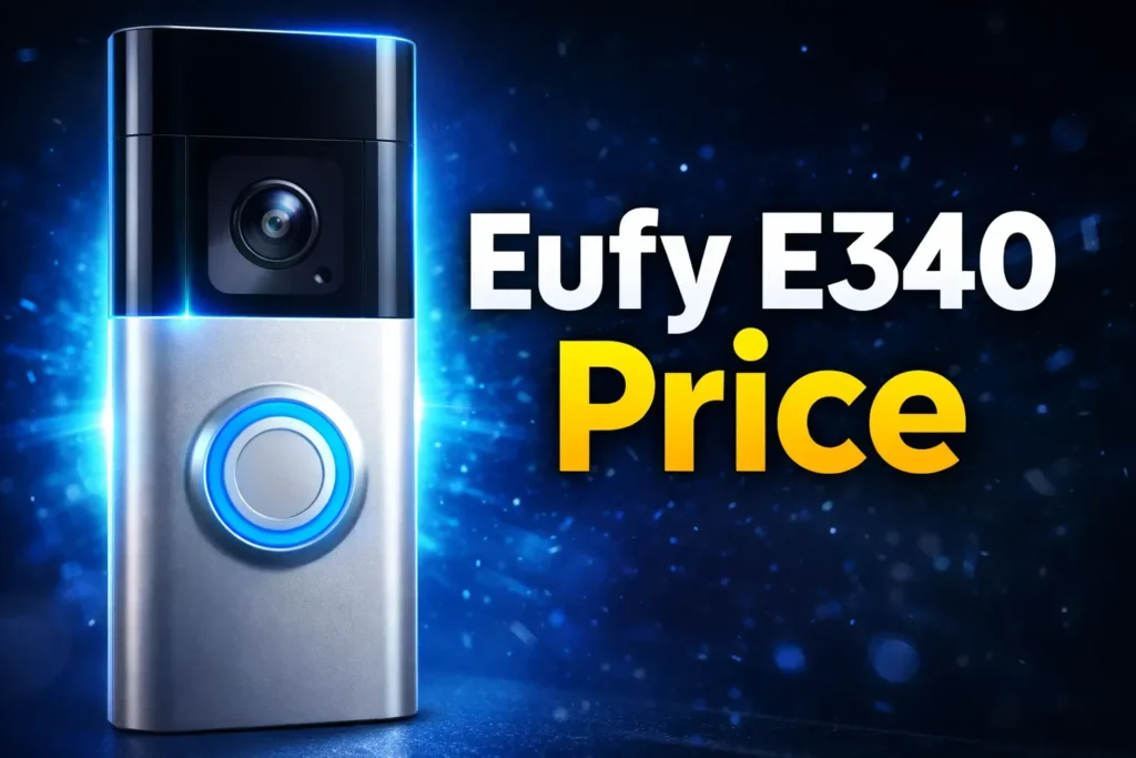 eufy E340 dual-camera video doorbell with blue light ring and price text.