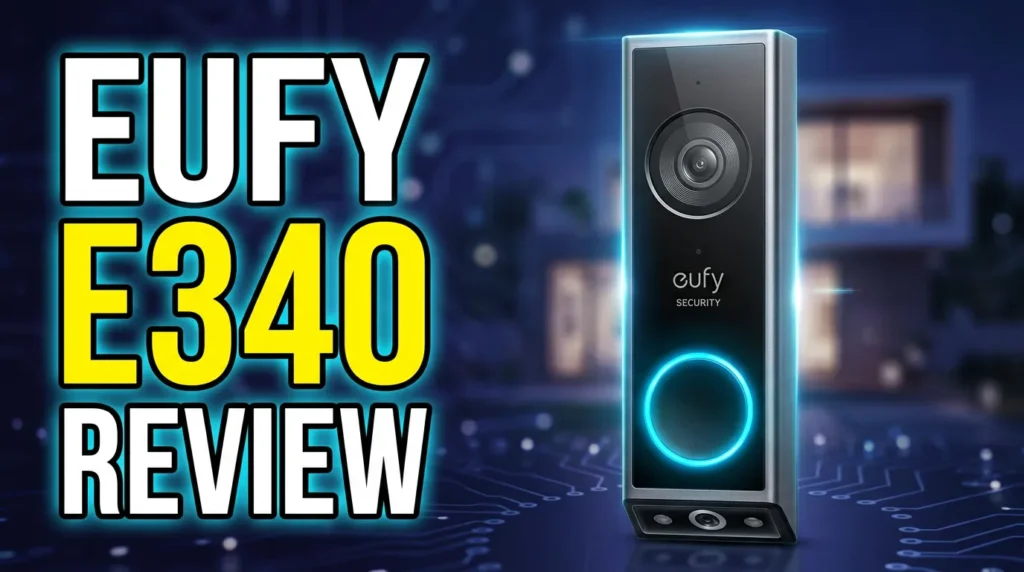 eufy E340 video doorbell with dual cameras and glowing blue LED ring.