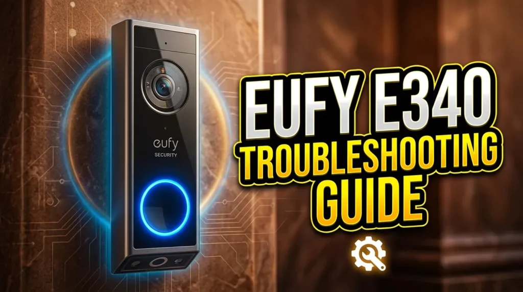 Eufy E340 dual camera video doorbell with glowing blue LED light.