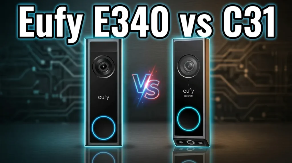 Side-by-side comparison of Eufy E340 and Eufy C31 smart video doorbells.