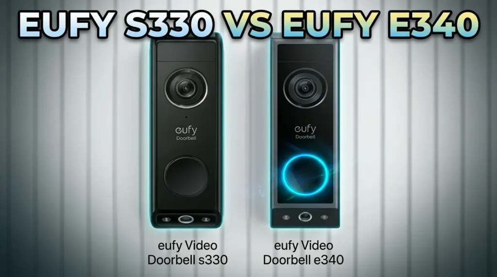 Side-by-side comparison of Eufy S330 and E340 dual-camera video doorbells.