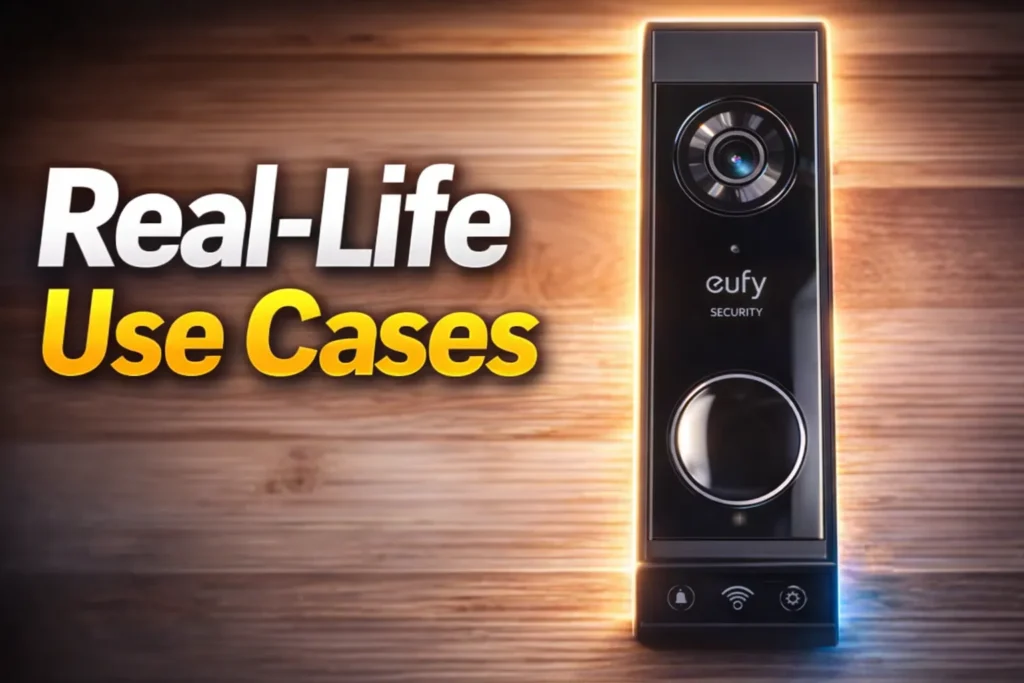 Eufy Security E340 dual-camera video doorbell on a wooden surface with a warm glow.