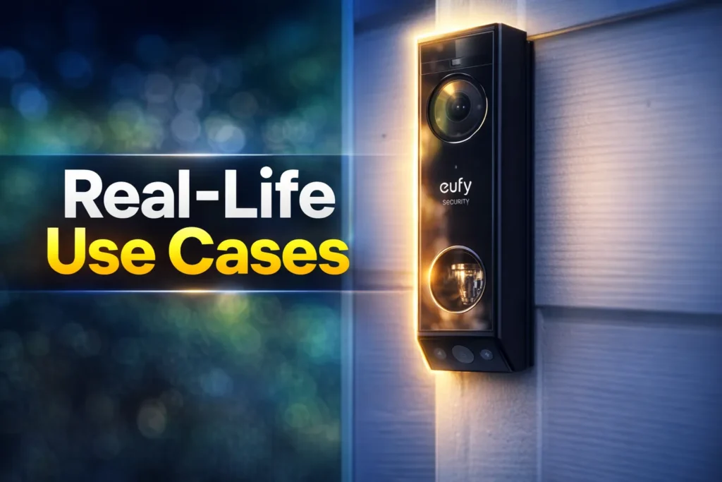 eufy E340 video doorbell with dual cameras and night lights mounted on a house.