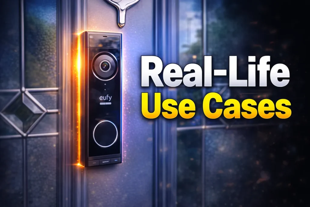 Close-up of eufy E340 dual-camera video doorbell installed on a home entryway.