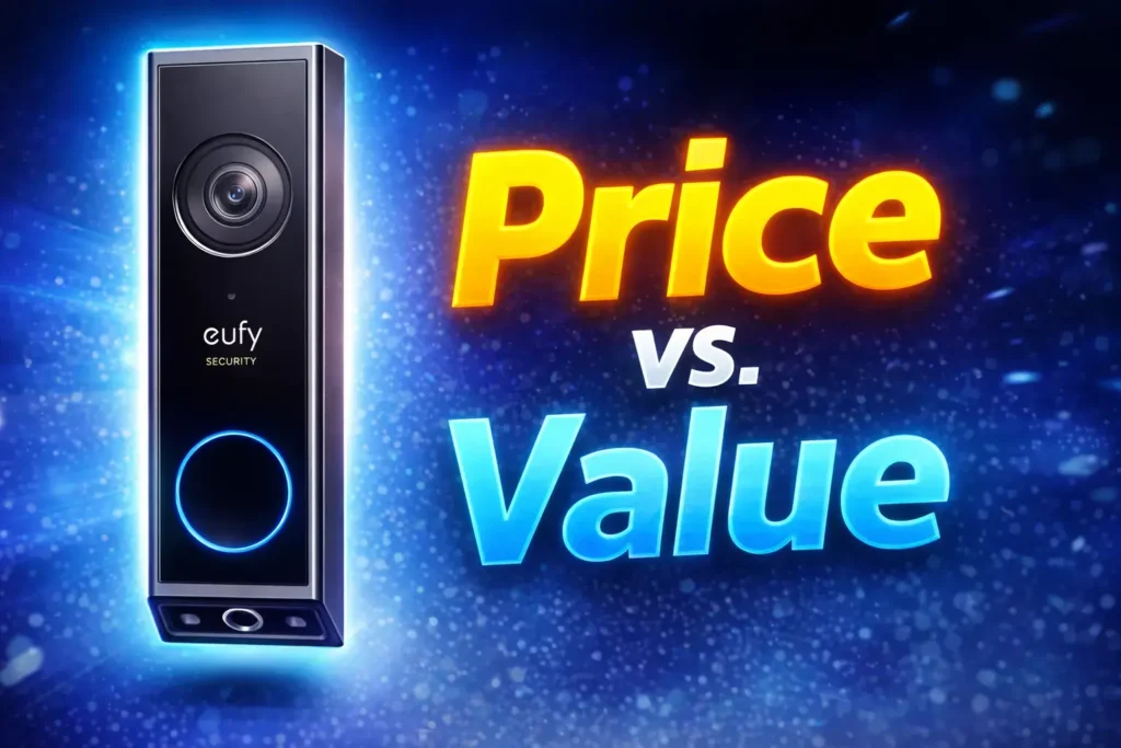 eufy Security Video Doorbell E340 product shot with Price vs. Value text.