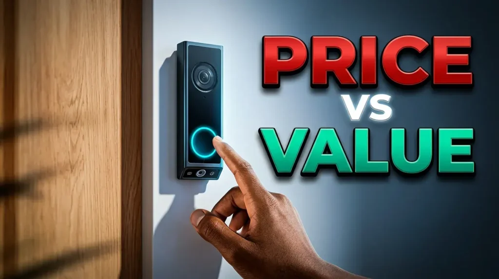eufy Video Doorbell E340 mounted on a wall with Price vs Value text overlay.